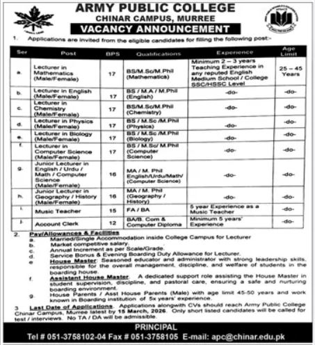 Army Public College Murree Punjab Jobs 2026 – Army Public School & College Paksitan Jobs 2026 — original advertisement