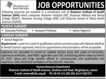 Shalamar Institute of health Sciences Lahore Jobs 2026 Jobs 2026 — original advertisement