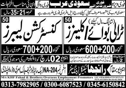 Trali Boy And Construction Labor Jobs In Saudi Arabia – Ranjha Trade Test & Training Center Jobs 2026 — original advertisement