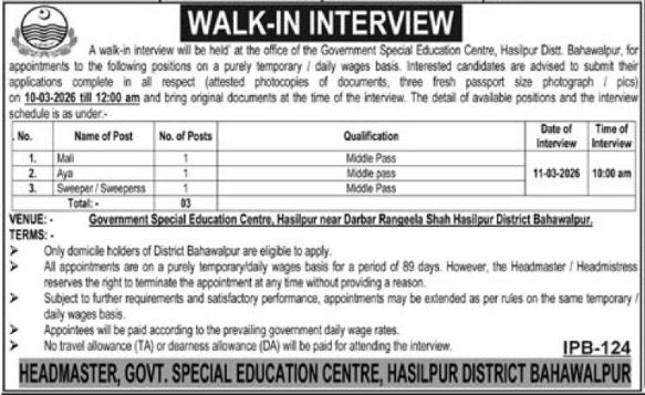Government Special Education Centre Hasilpur Jobs 2026 – Special Education Department Punjab Jobs 2026 — original advertisement