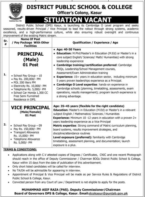 District Public School & College Kasur Jobs 2026 Jobs 2026 — original advertisement