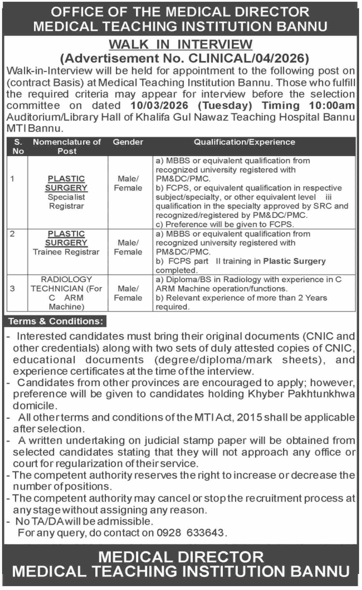 Medical Teaching Institute Mti Bannu Jobs 2026 – Medical Teaching Institute MTI Khyber Teaching Hospital Peshawar Kpk Jobs 2026 — original advertisement