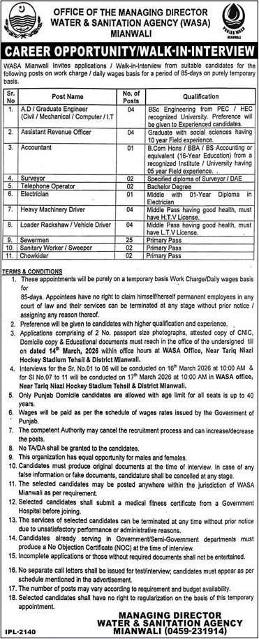 Water And Sanitation Agency Wasa Mianwali Jobs 2026 – Water and Sanitation Agency (LDA) Lahore Jobs 2026 — original advertisement