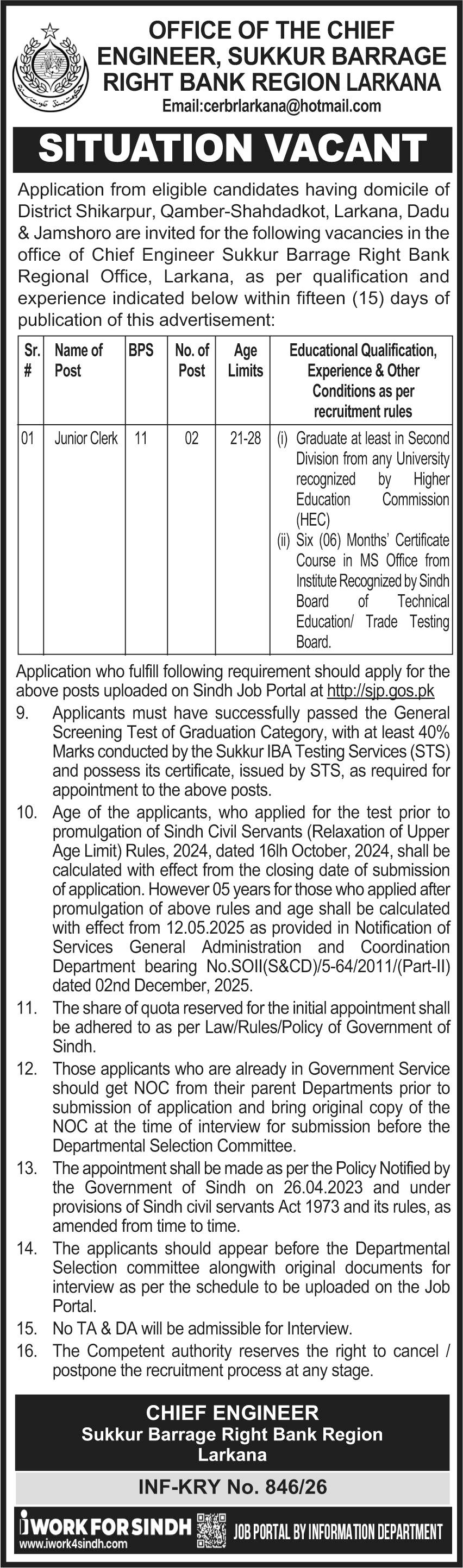 Sukkur Barrage Right Bank Region Larkana Jobs 2026 – Irrigation Department Sindh Jobs 2026 — original advertisement