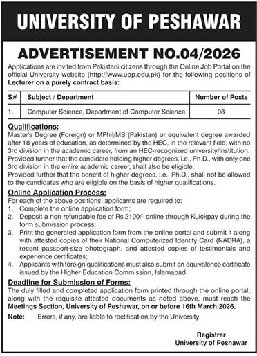 University Of Peshawar UOP Job Advertisement No 04/2026 Jobs 2026 — original advertisement