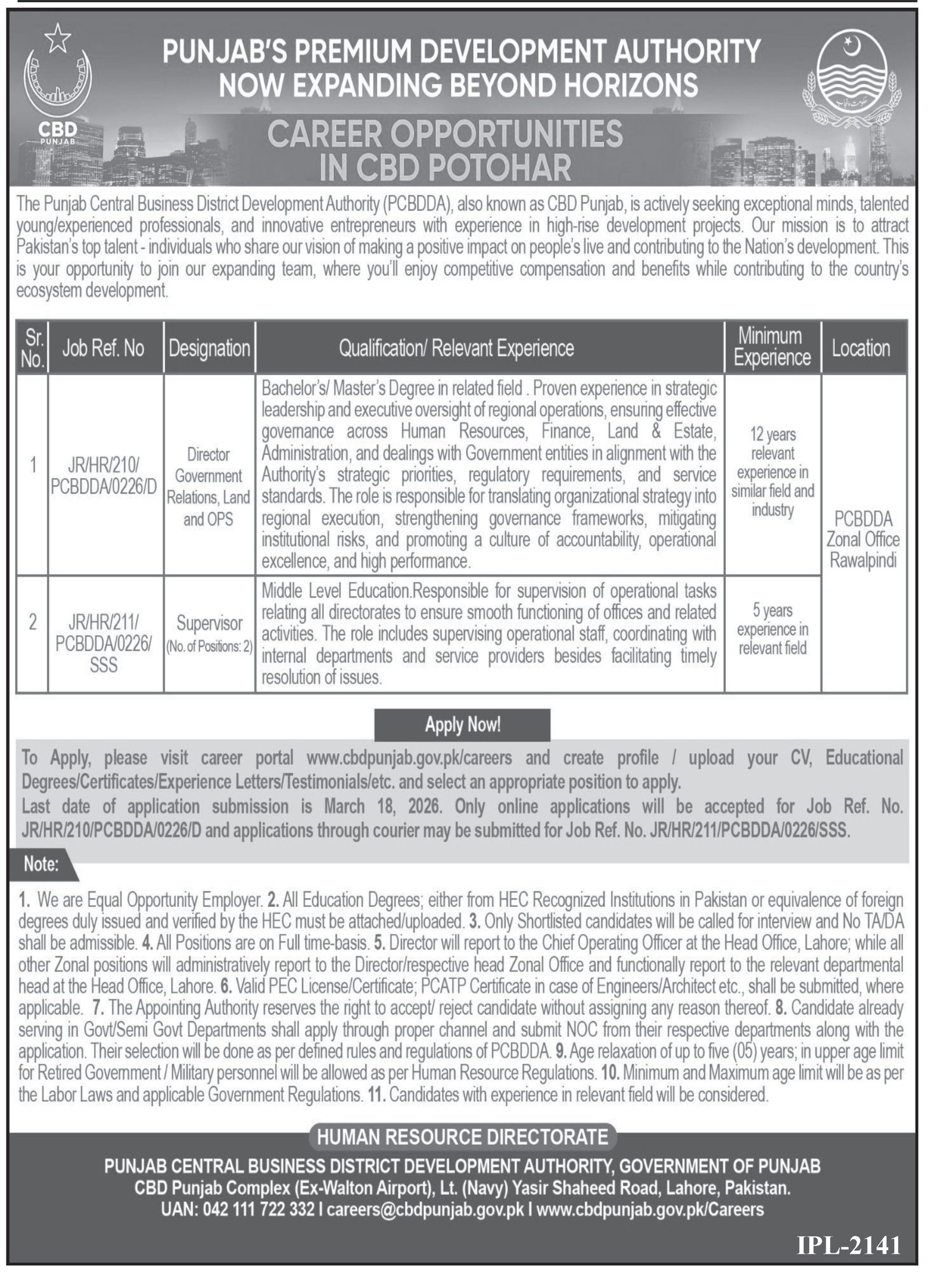 Punjab Premium Development Authority CBD Potohar Jobs 2026 Jobs 2026 — original advertisement