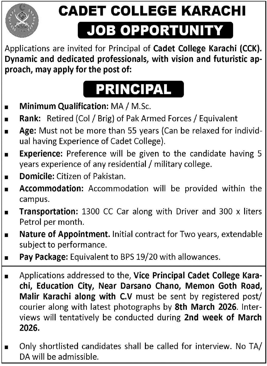 Cadet College Karachi CCK Jobs 2026 For Principal – Hub Cadet College Karachi Jobs 2026 — original advertisement