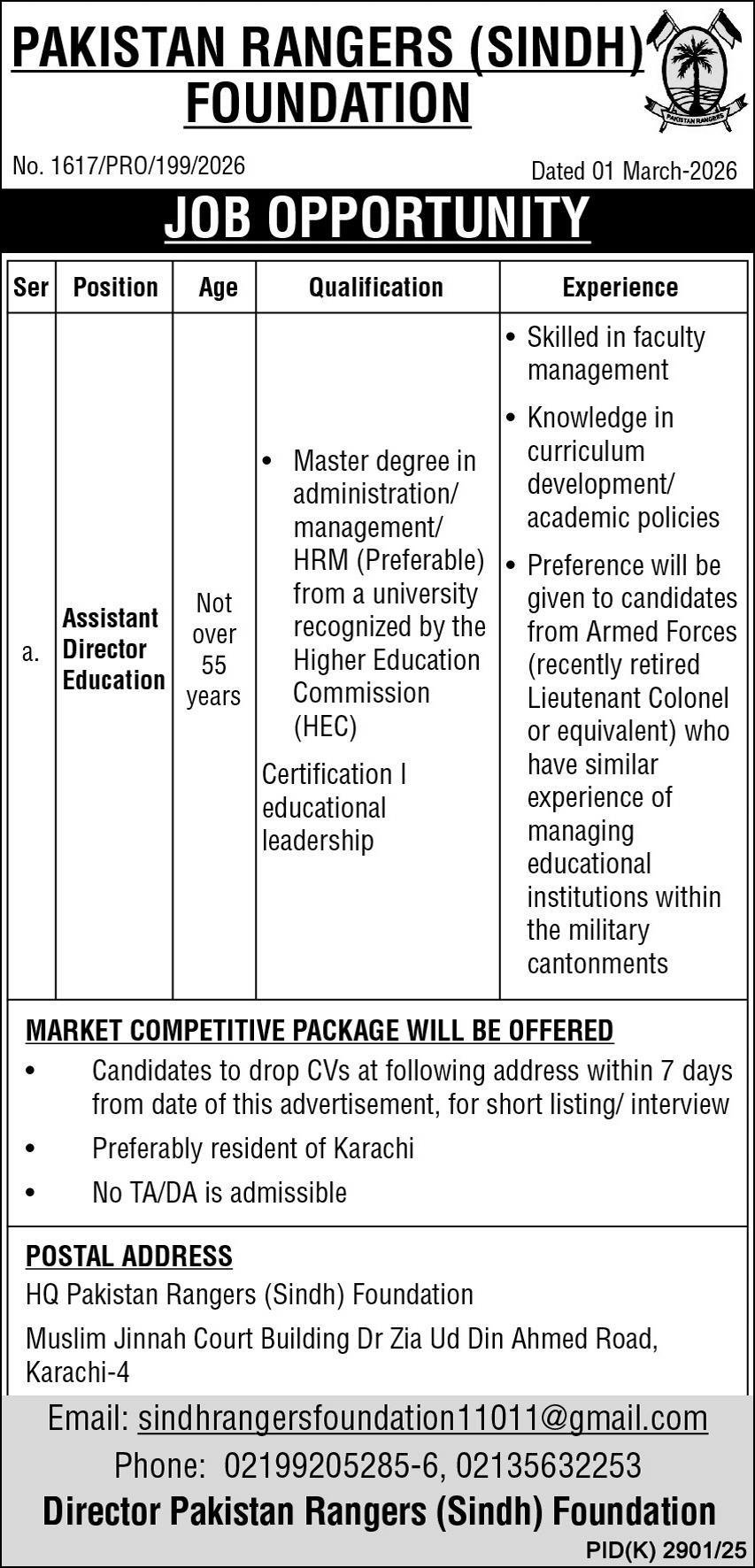 Pakistan Rangers Sindh Foundation Jobs 2026 – Sindh Rangers Jobs 2026 — original advertisement