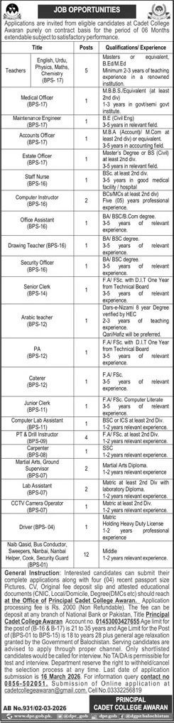 Cadet College Awaran Balohistan Jobs 2026 Jobs 2026 — original advertisement