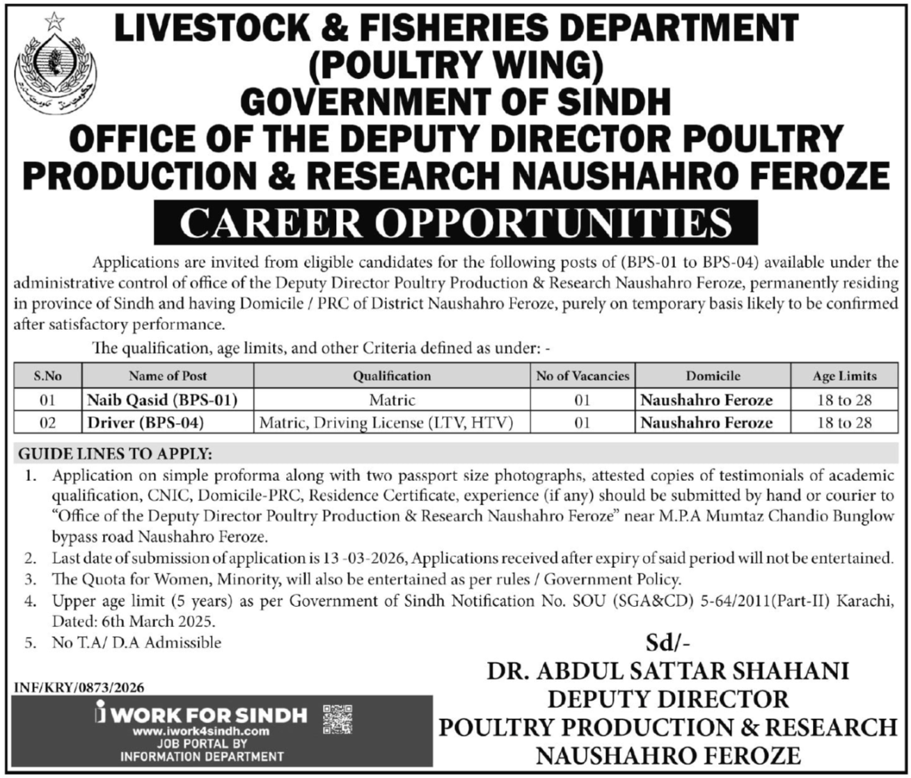 Poultry Production & Research Naushahro Feroze Jobs 2026 – Livestock and Fisheries Department Sindh Jobs 2026 — original advertisement