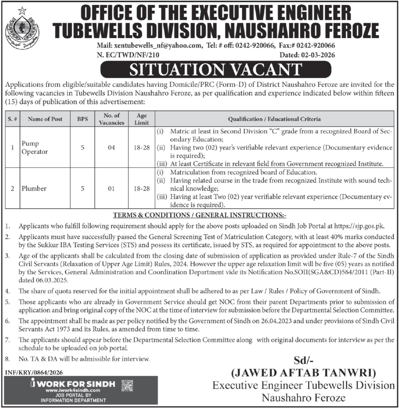 Irrigation Department Tubewells Division Sindh Jobs 2026 – Irrigation Department Sindh Jobs 2026 — original advertisement