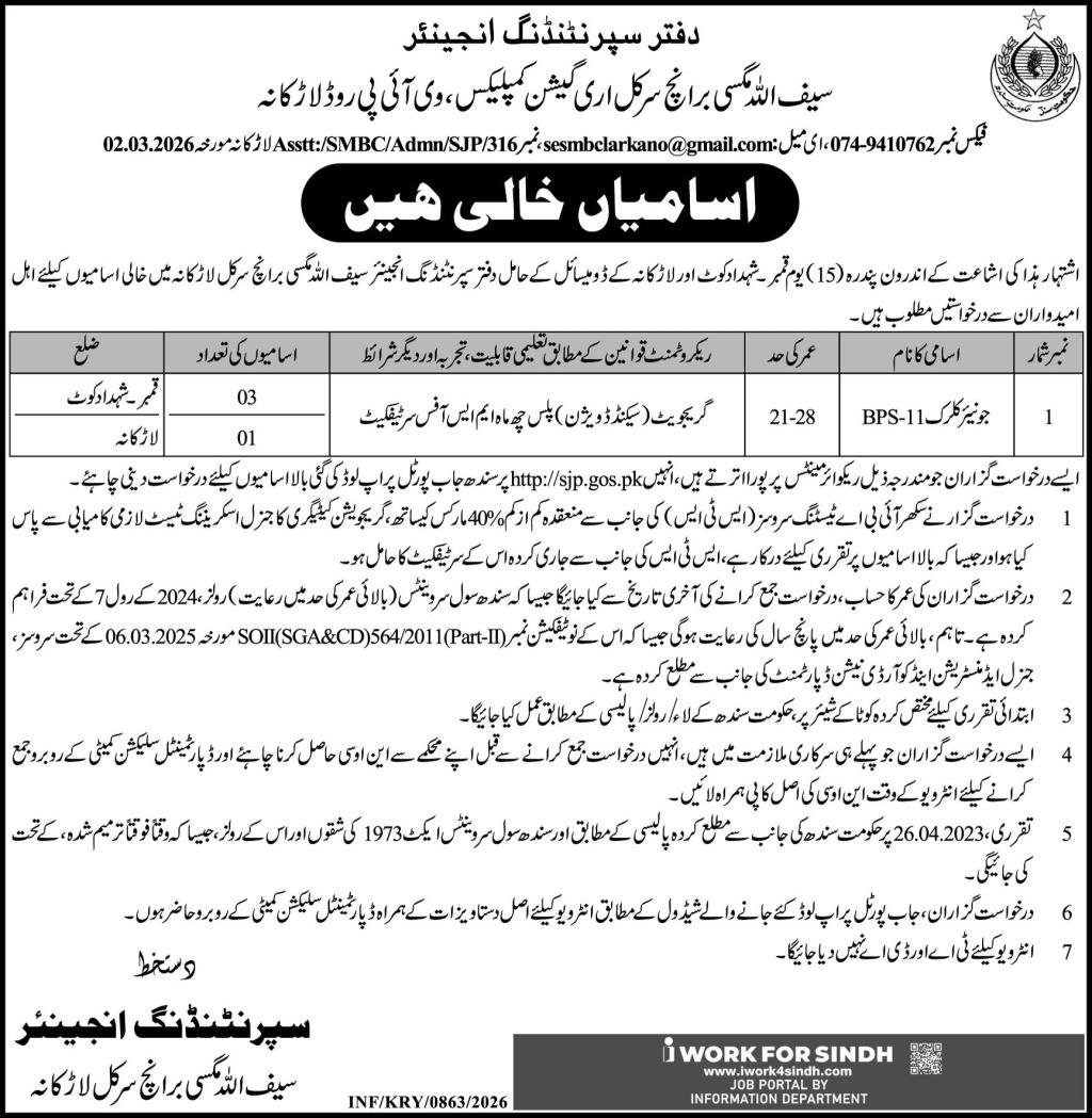 Saifullah Magsi Branch Circle Irrigation Larkana Jobs 2026 – Irrigation Department Sindh Jobs 2026 — original advertisement