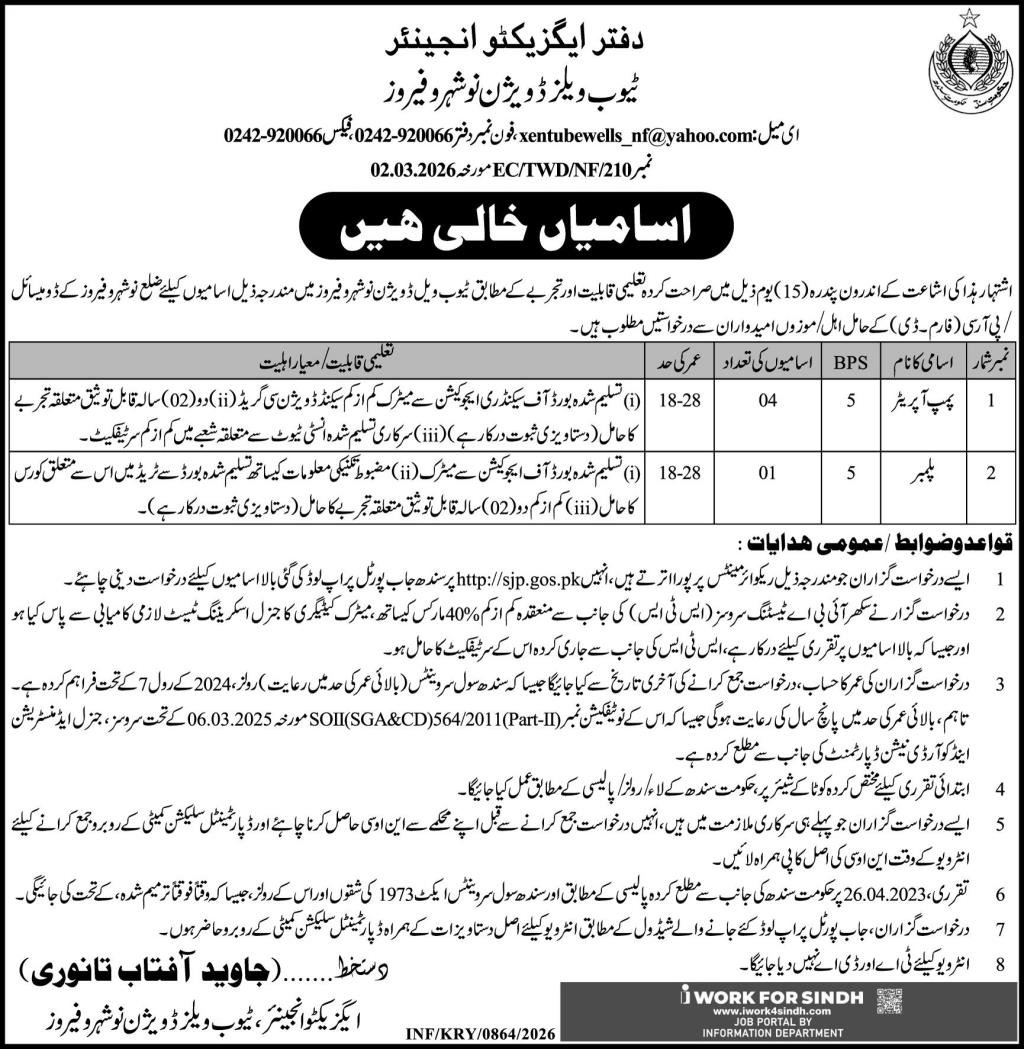 Tube Wells Division Naushahro Feroze Jobs 2026 – Irrigation Department Sindh Jobs 2026 — original advertisement