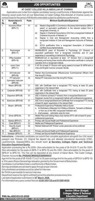 Cadet College Killabadullah At Chaman Balochistan Jobs 2026 – Cadet College Killasaifullah Balochsitan Jobs 2026 — original advertisement