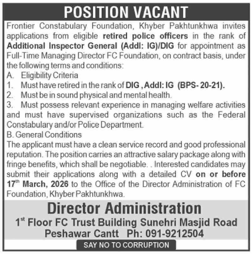 Frontier Constabulary Foundation Khyber Pakhtunkhwa Jobs – Frontier Corps Kpk Jobs 2026 — original advertisement
