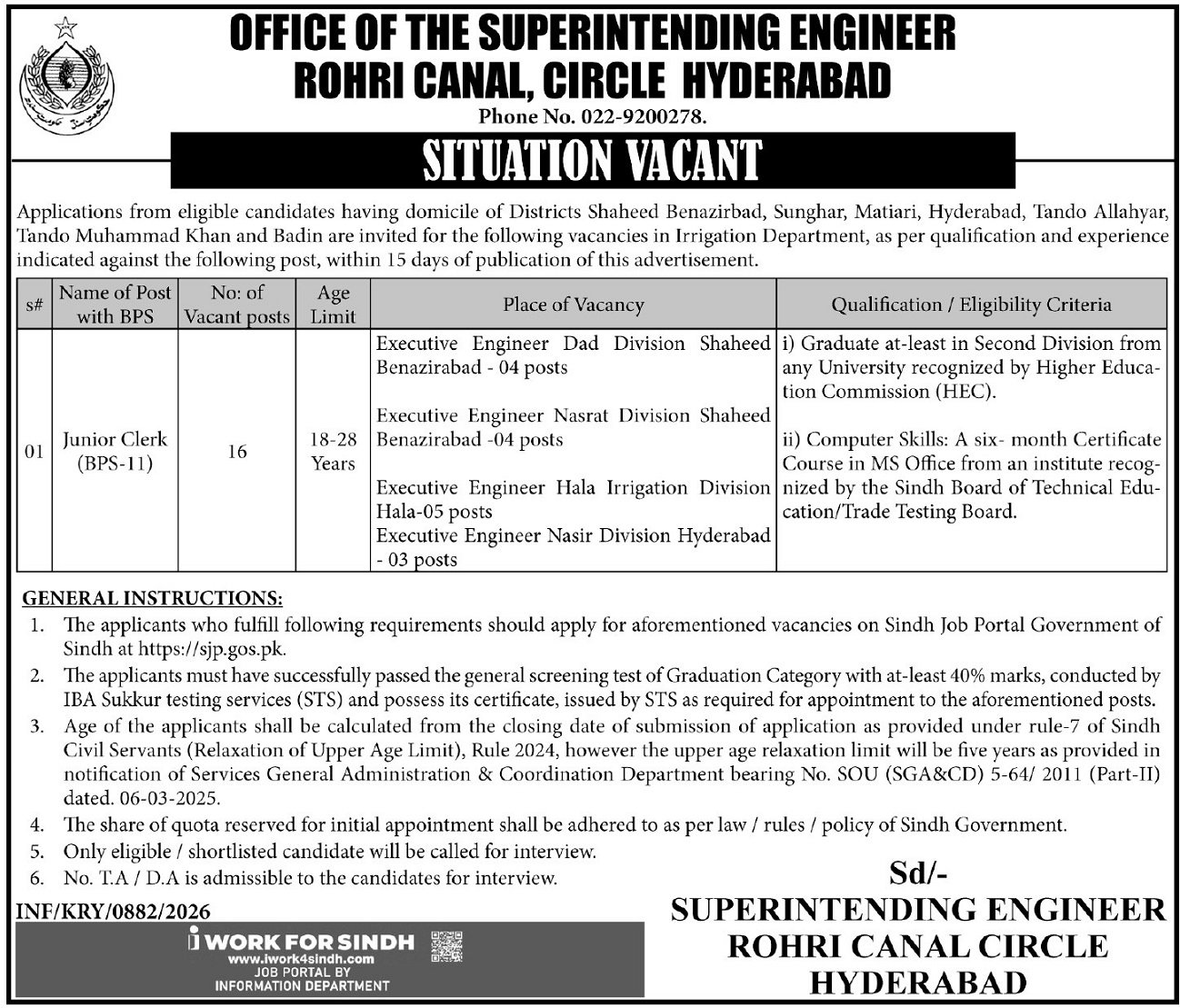 Rohri Canal Circle Irrigation Department Hyderabad Jobs 2026 – Irrigation Department Sindh Jobs 2026 — original advertisement