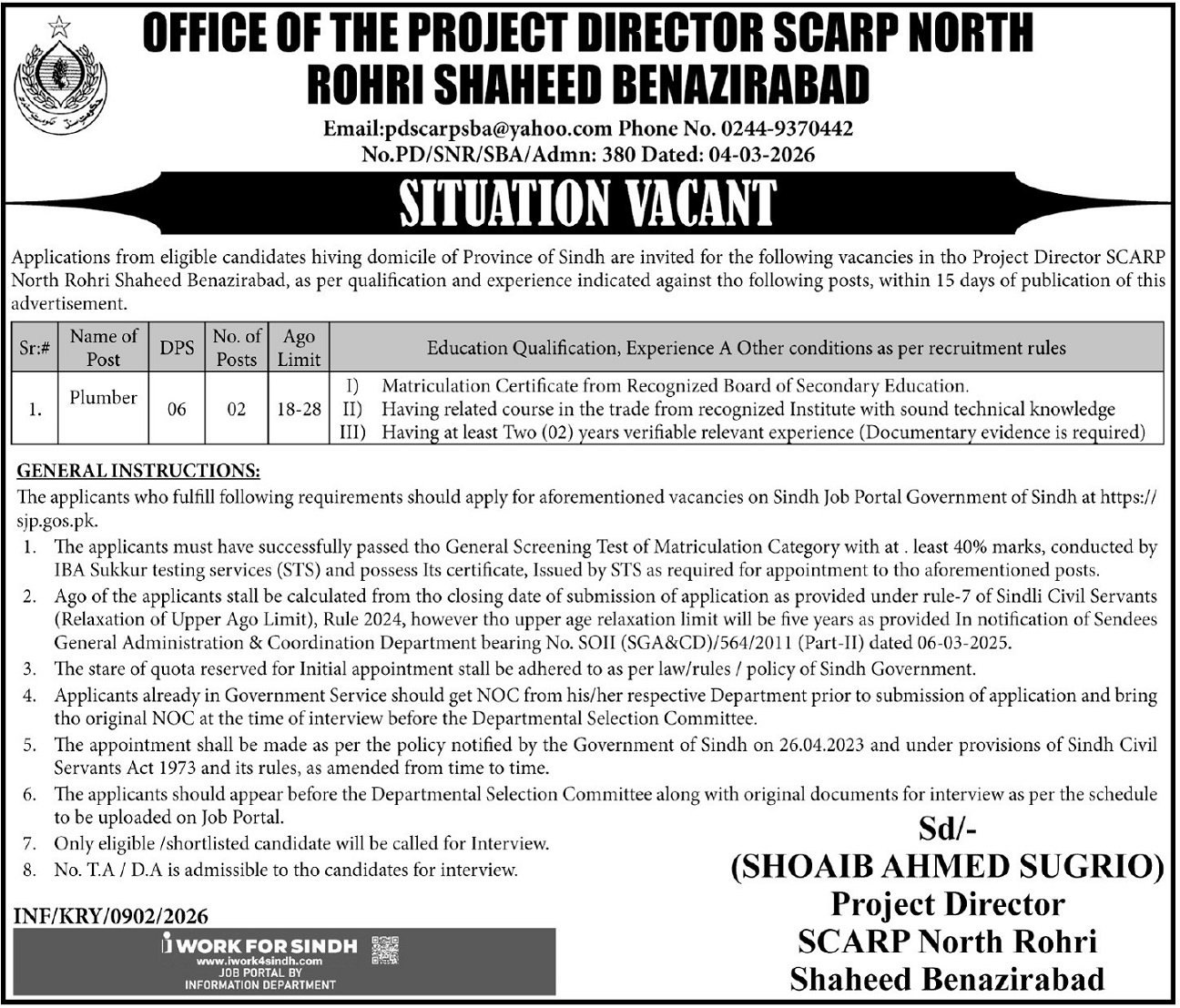 SCARP North Rohri Shaheed Benazirabad Jobs 2026 – Irrigation Department Sindh Jobs 2026 — original advertisement