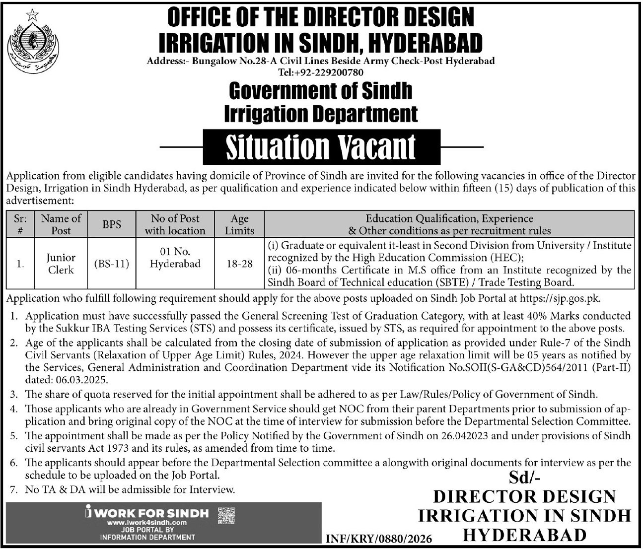 Director Design Irrigation In Sindh Hyderabad Jobs 2026 – Irrigation Department Sindh Jobs 2026 — original advertisement