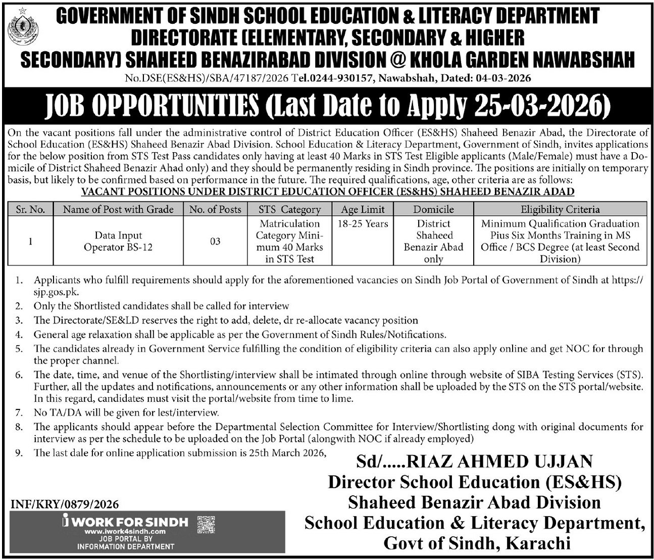 School Education & Literacy Department Khola Garden Jobs – School Education & Literacy Department Sindh Jobs 2026 — original advertisement