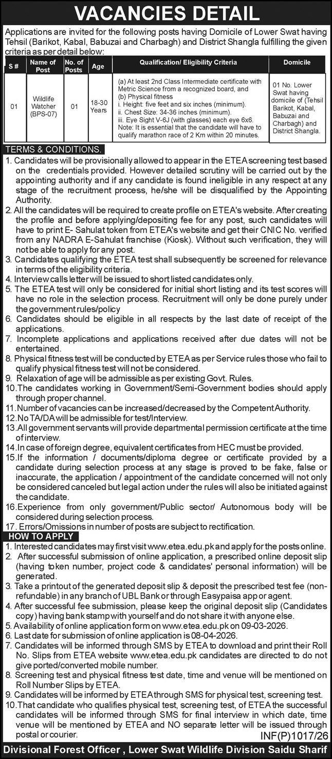 Wildlife Division Saidu Sharif Swat Jobs 2026 – Forestry, Environment & WildLife Department KPK Jobs 2026 — original advertisement