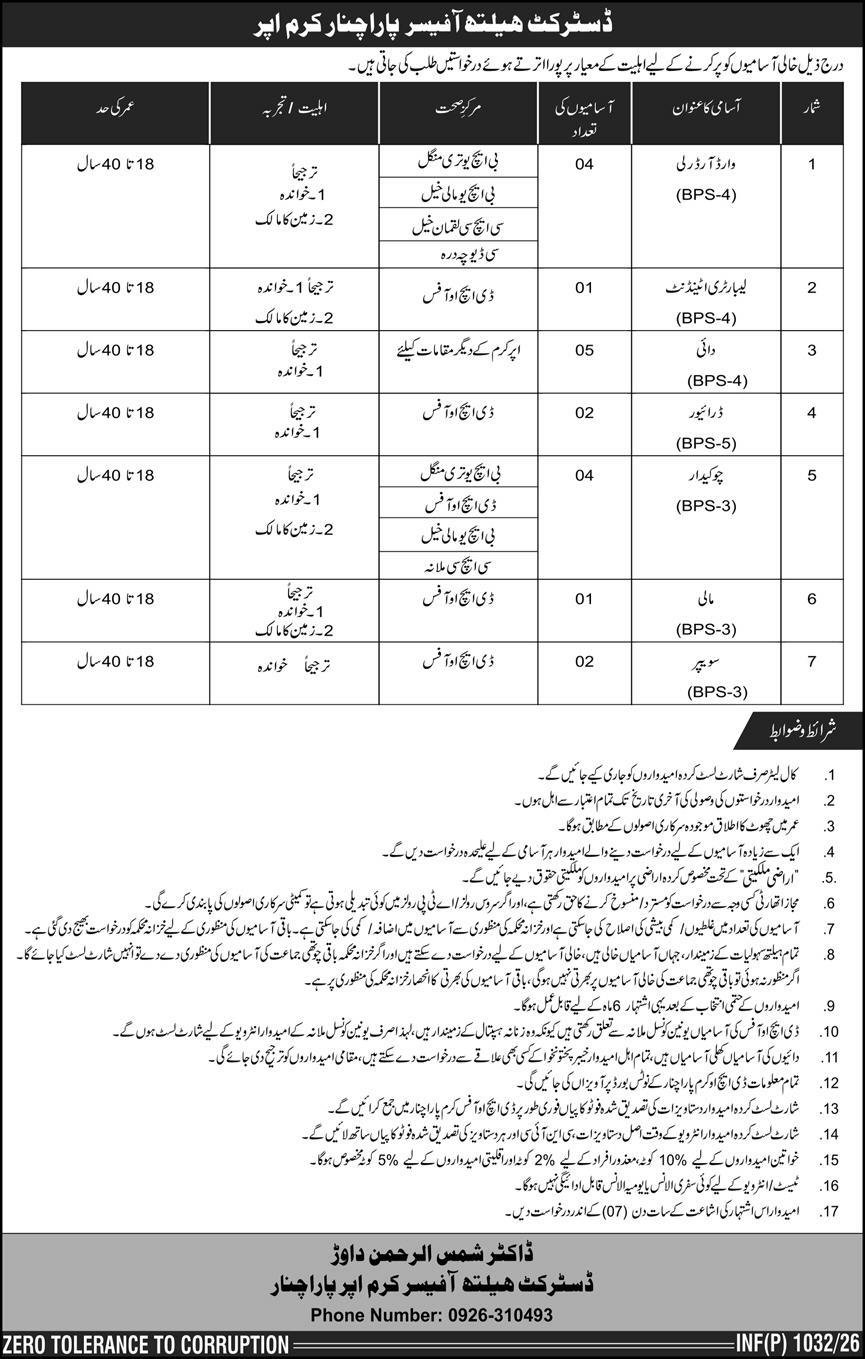 District Health Officer Parachinar Kurram Upper Jobs 2026 – Health Department KPK Jobs 2026 — original advertisement