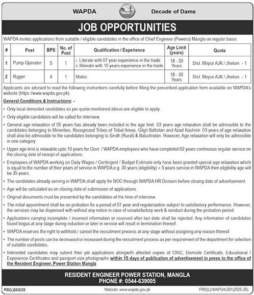 Water And Power Development Authority Mangla Jobs Jobs 2026 — original advertisement