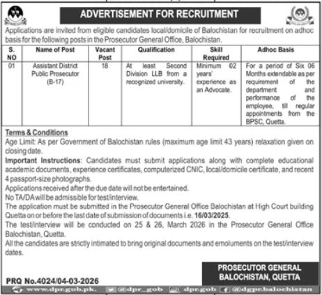 Office Of Prosecutor General Quetta Job 2026 – Prosecution Department Balochistan Jobs 2026 — original advertisement
