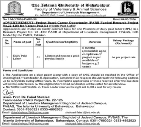 The Islamia University Of Bahawalpur Job 2026 – The Islamic University of Bahawalpur Jobs 2026 — original advertisement