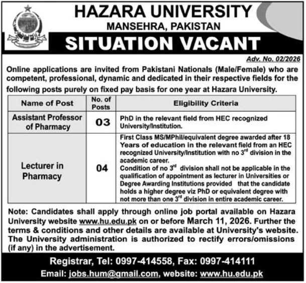 Hazara University Mansehra Jobs 2026 For Assistant Professor Jobs 2026 — original advertisement