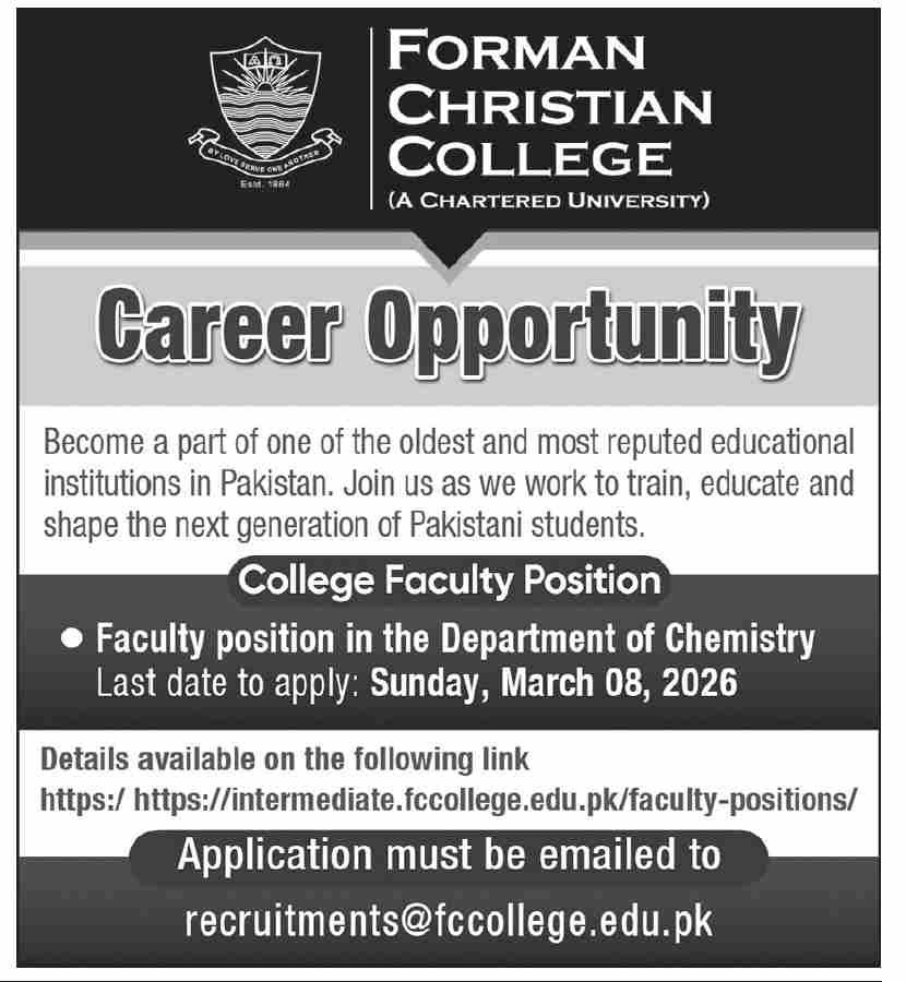 Forman Christian College FCCU Lahore Jobs 2026 – Forman Christian College Lahore Jobs 2026 — original advertisement
