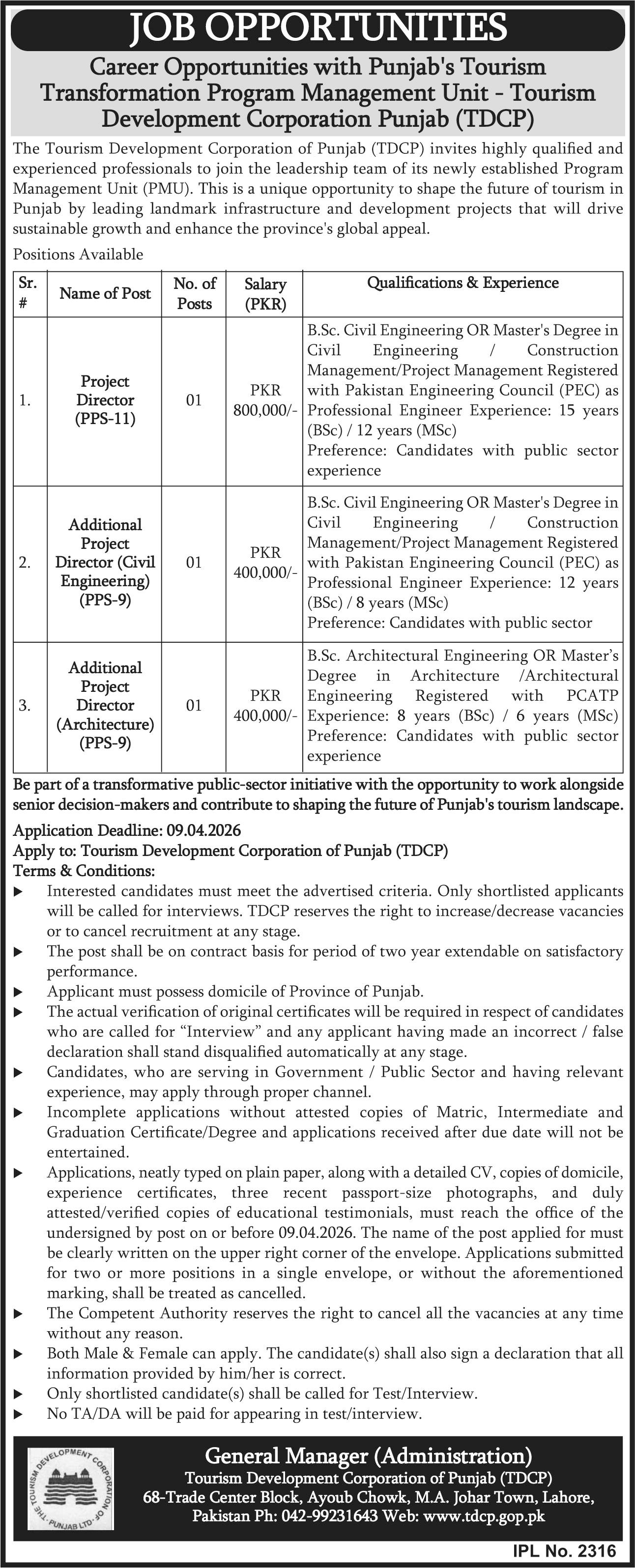 Tourism Development Corporation TDCP Lahore Jobs 2026 – Public Sector Organization Jobs 2026 — original advertisement