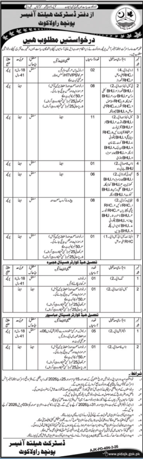 District Health Officer Poonch Rawalakot Jobs 2026 – Health Department Azad Jammu Kashmir Jobs 2026 — original advertisement