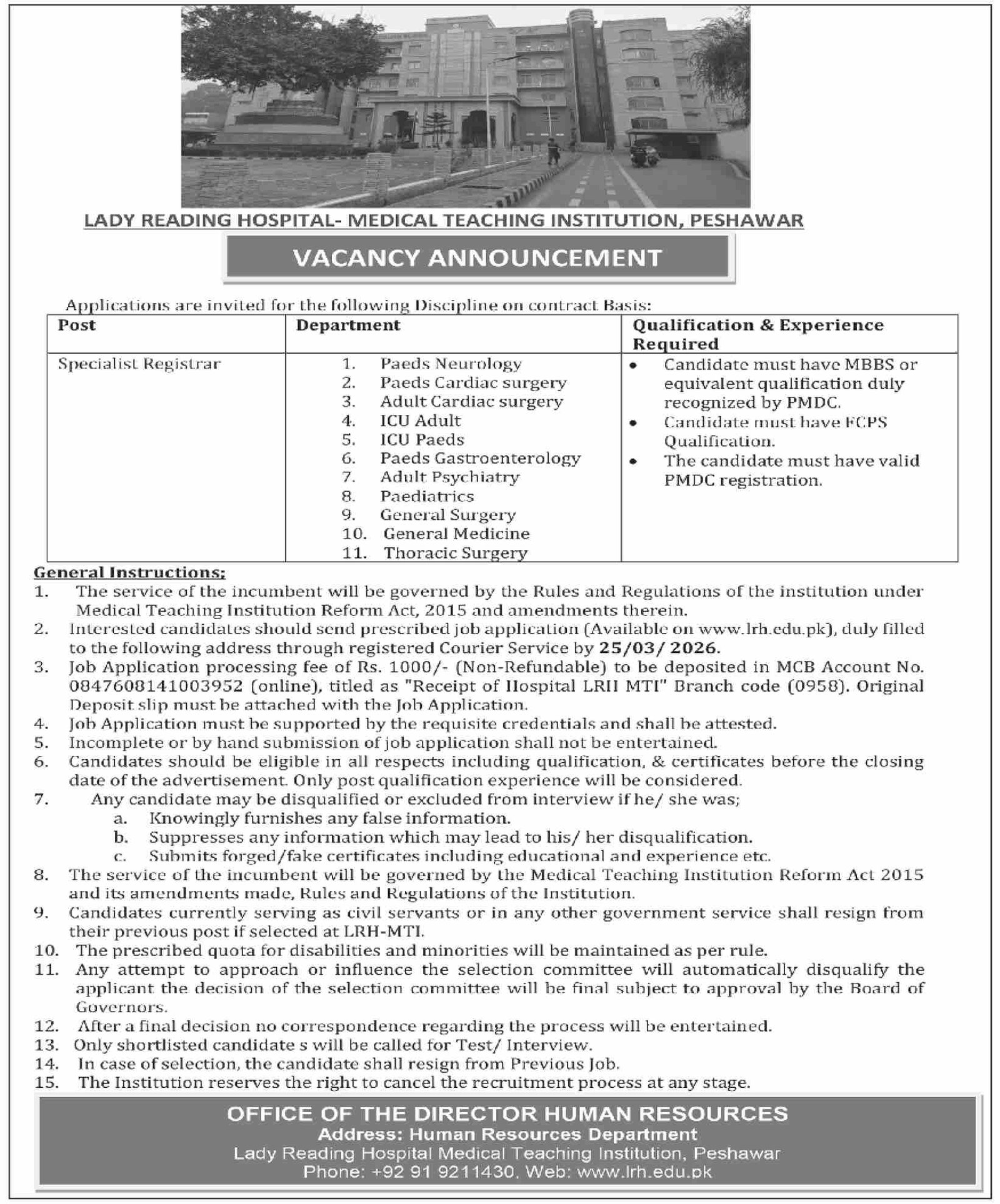 Lady Reading Hospital Medical Teaching Institution Jobs 2026 – Lady Reading Hospital Peshawar Jobs 2026 — original advertisement