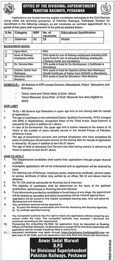 Pakistan Railways Peshawar Job 2026 – Ministry of Railways Islamabad Jobs 2026 — original advertisement