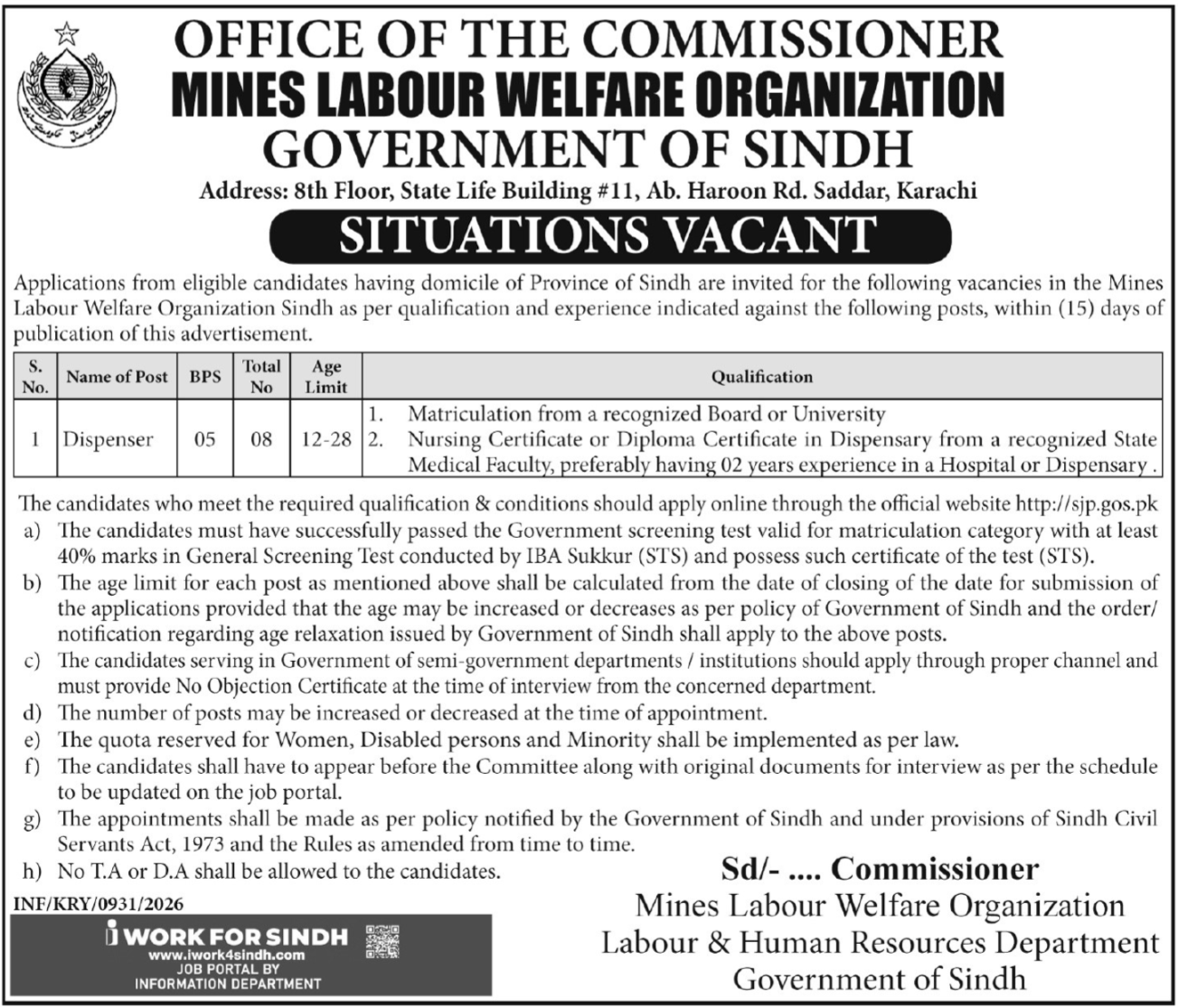 Mines Labour Welfare Organization Sindh Jobs 2026 – Mines & Mineral Development Department Sindh Jobs 2026 — original advertisement
