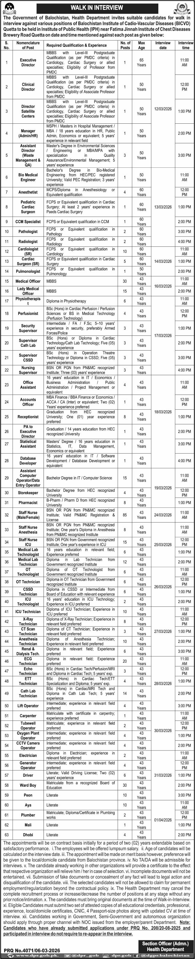 Balochistan Institute Of Cardiology Vascular Diseases Jobs – Health Department Balochsitan Jobs 2026 — original advertisement