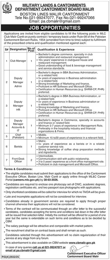 Military Lands and Cantonment Department Islamabad Jobs 2026 – Pakistan Army Jobs 2026 — original advertisement