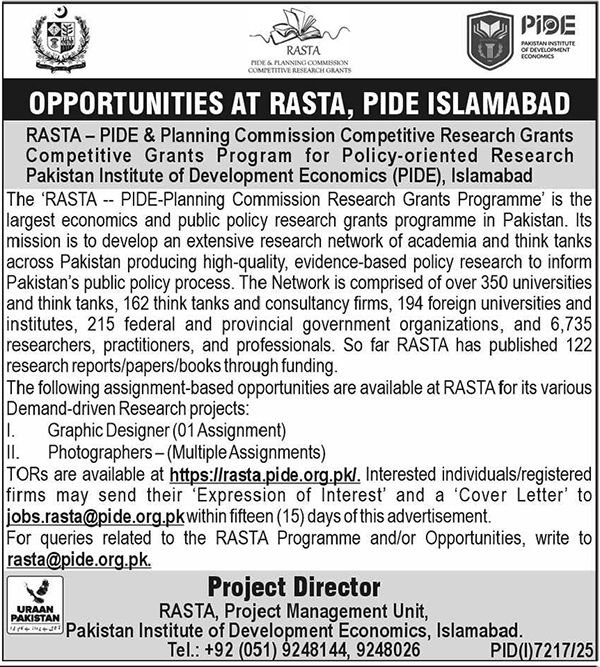 Pakistan Institute Of Development Economics RASTA Jobs 2026 – Pakistan Institute of Development Economics (PIDE) Jobs 2026 — original advertisement