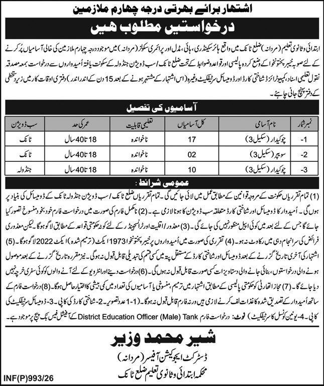 Elementary & Secondary Education Department Tank Jobs 2026 – Elementary & Secondary Education Department KPK Jobs 2026 — original advertisement