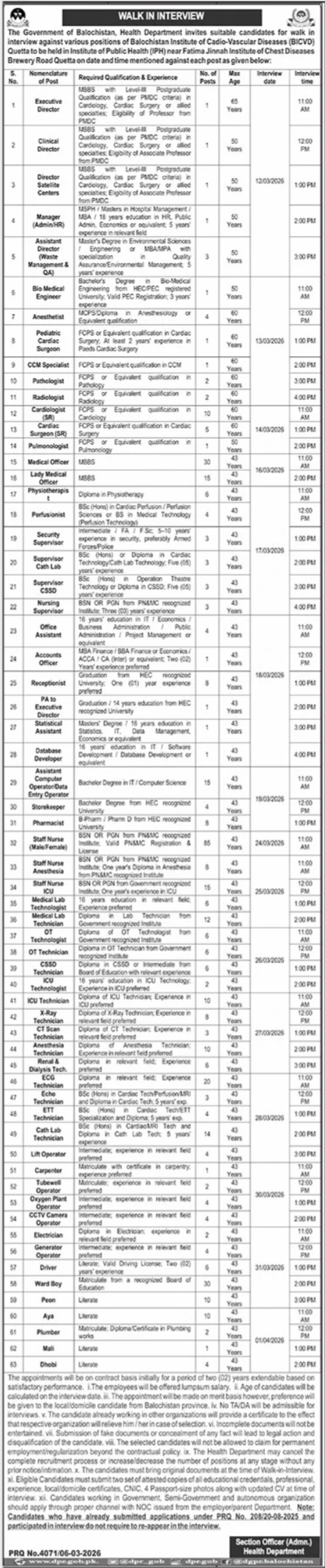 Walk In Interviews For Jobs At Health Department – Health Department Balochsitan Jobs 2026 — original advertisement