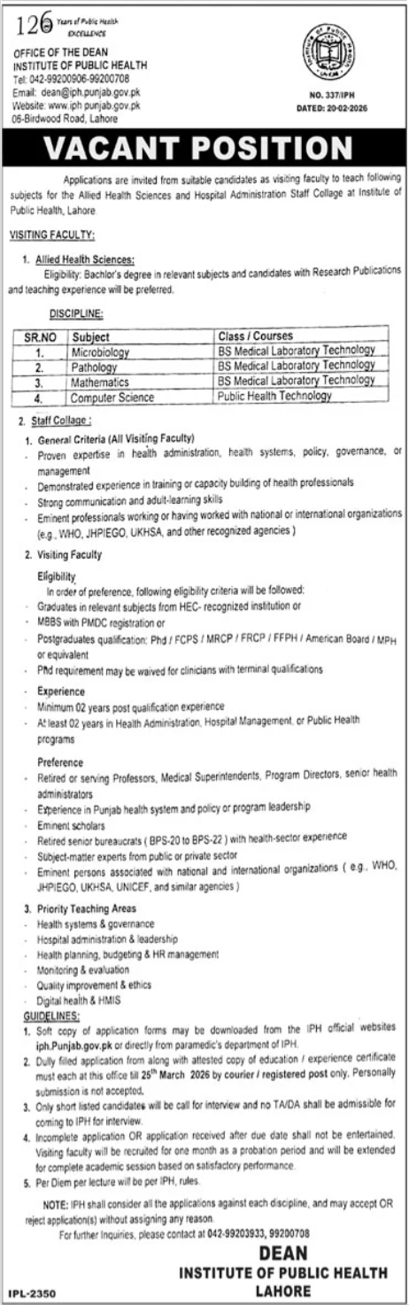 Institute of Public Health Lahore Jobs 2026 Jobs 2026 — original advertisement