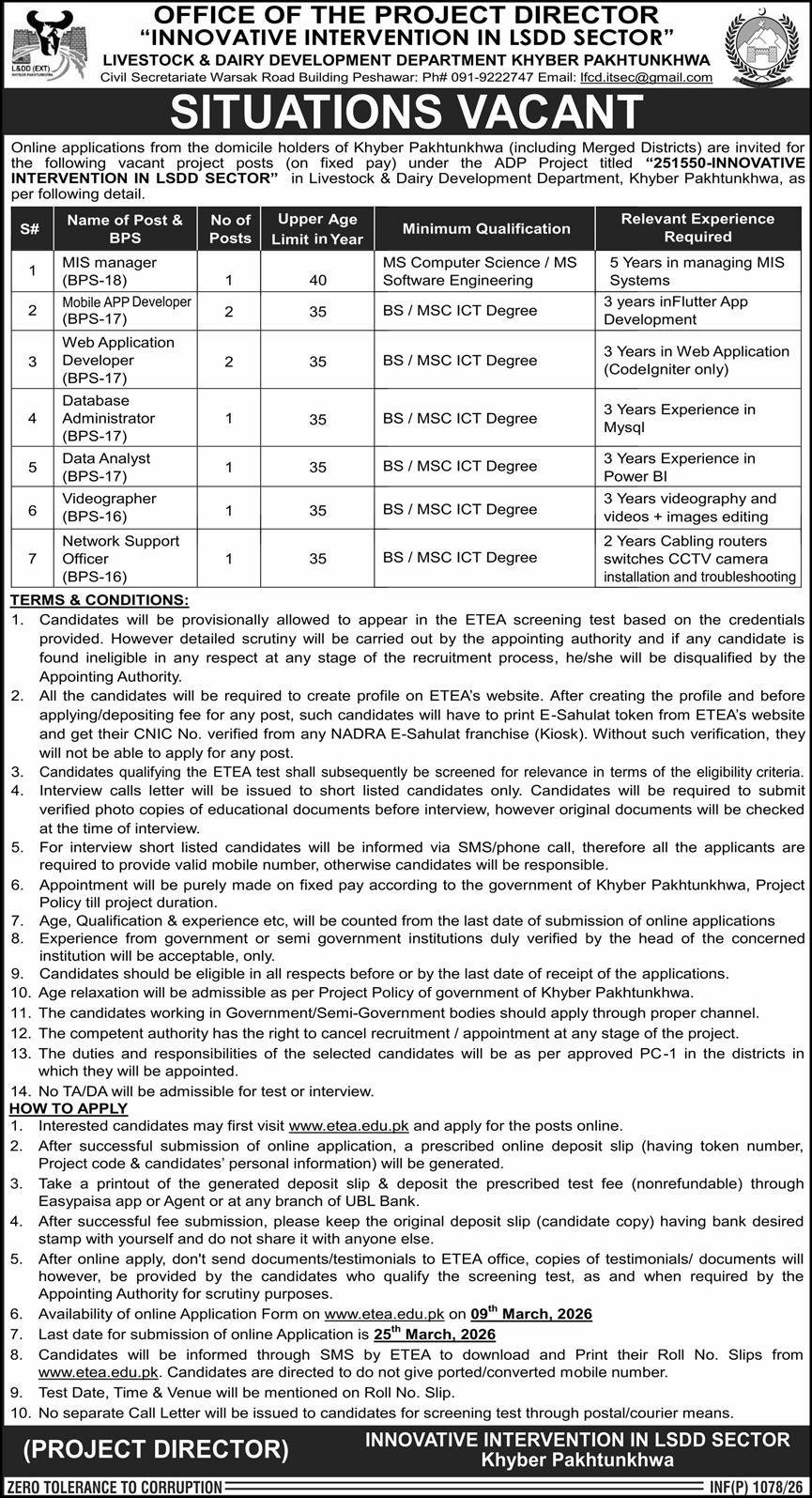 Livestock And Dairy Development LSDD Peshawar Jobs 2026 – Livestock and Dairy Development Department Kpk Jobs 2026 — original advertisement