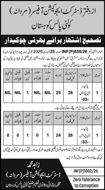 District Education Officer DEO Male Kolai Palas Jobs 2026 – Public Sector Organization Jobs 2026 — original advertisement