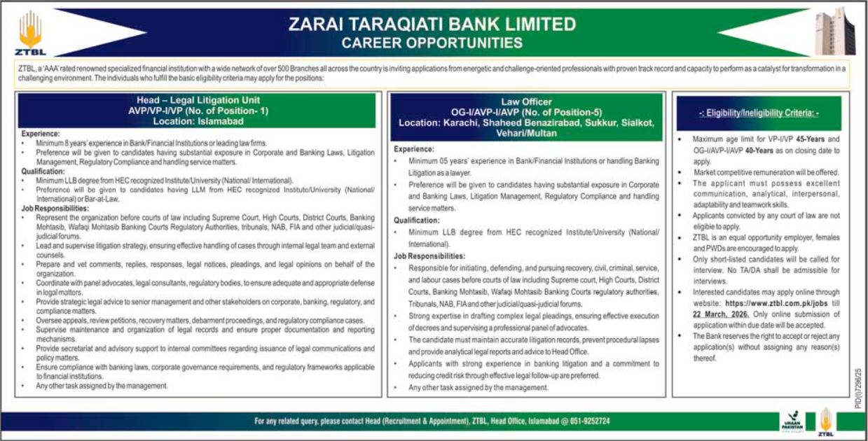 Zarai Taraqiati Bank Limited ZTBL Islamabad Jobs 2026 Jobs 2026 — original advertisement