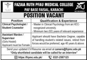 Fazaia Ruth PFAU Medical College Karachi Jobs 2026 – Fazaia Schools & Colleges Jobs 2026 — original advertisement