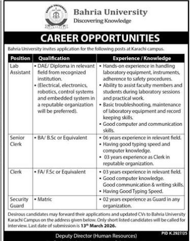Bahria University Karachi Sindh Jobs 2026 Jobs 2026 — original advertisement