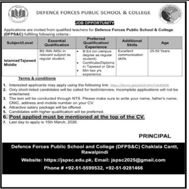 Defence Force Public School & College Rawalpindi Jobs 2026 – Civil Defence Punjab Jobs 2026 — original advertisement