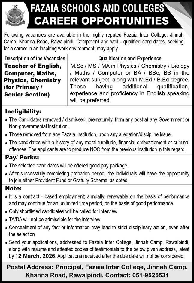 Fazaia School And Colleges Rawalpindi Jobs 2026 – Fazaia Schools & Colleges Jobs 2026 — original advertisement