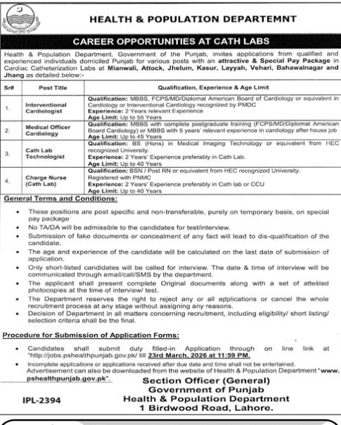 Health & Population Department Jobs 2026 – Health Department Punjab Jobs 2026 — original advertisement