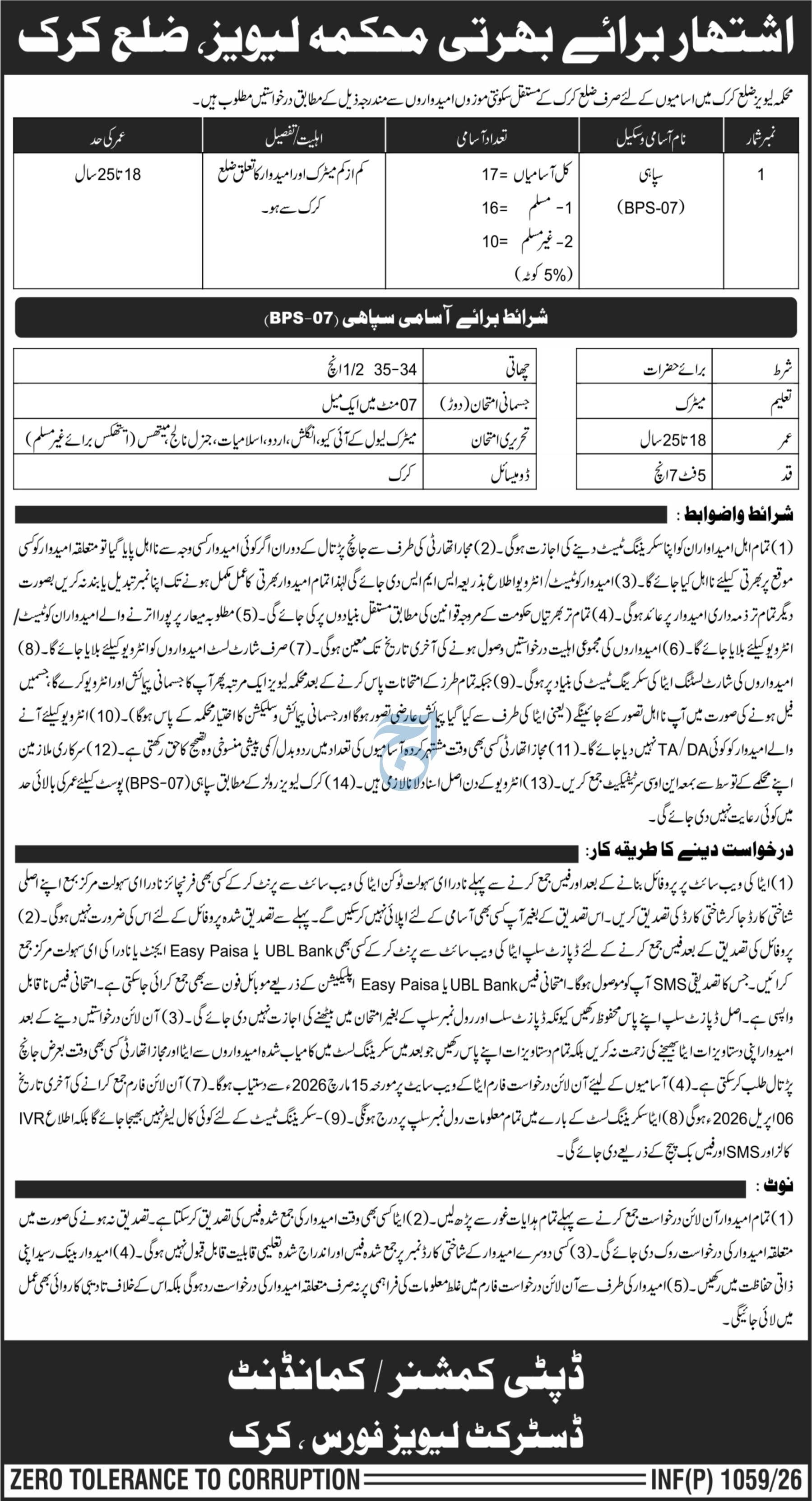 Levies Department Karak Khyber Pakhtunkhwa Jobs 2026 – Levies Force Kpk Jobs 2026 — original advertisement